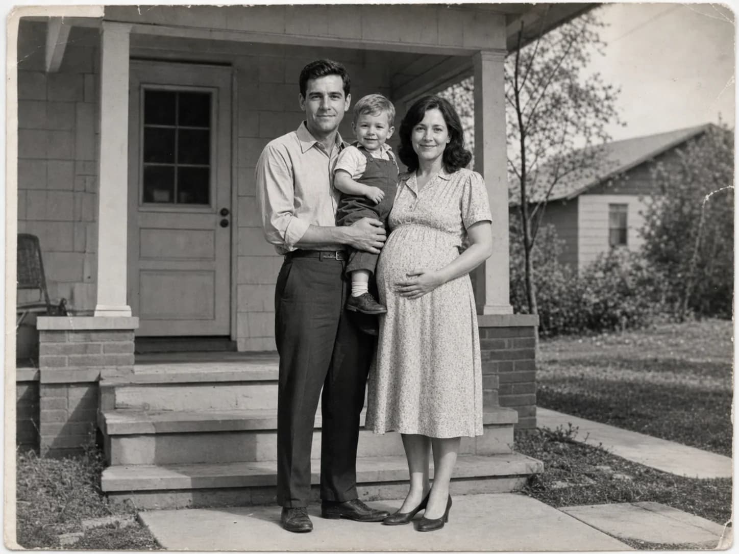 Arthur and Evelyn Bennett sitting on their front porch with young James in 1951.