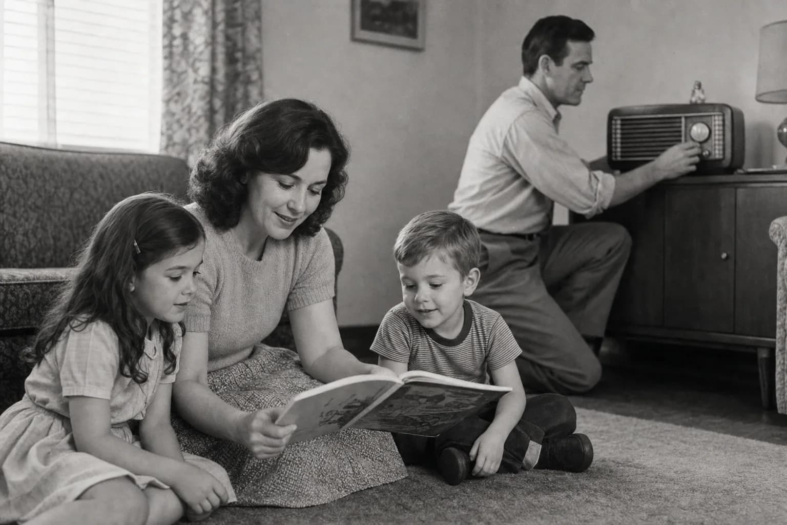The Bennett family reading together in their living room in 1957.