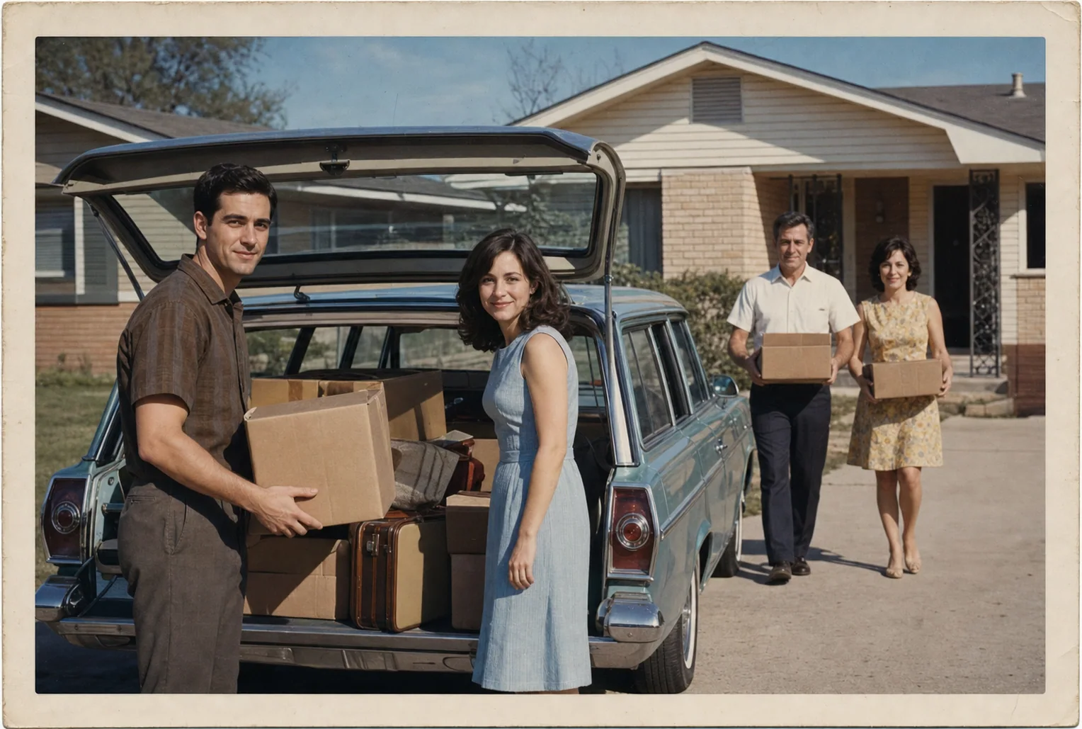 The Bennett family standing beside a station wagon during a move in 1974.