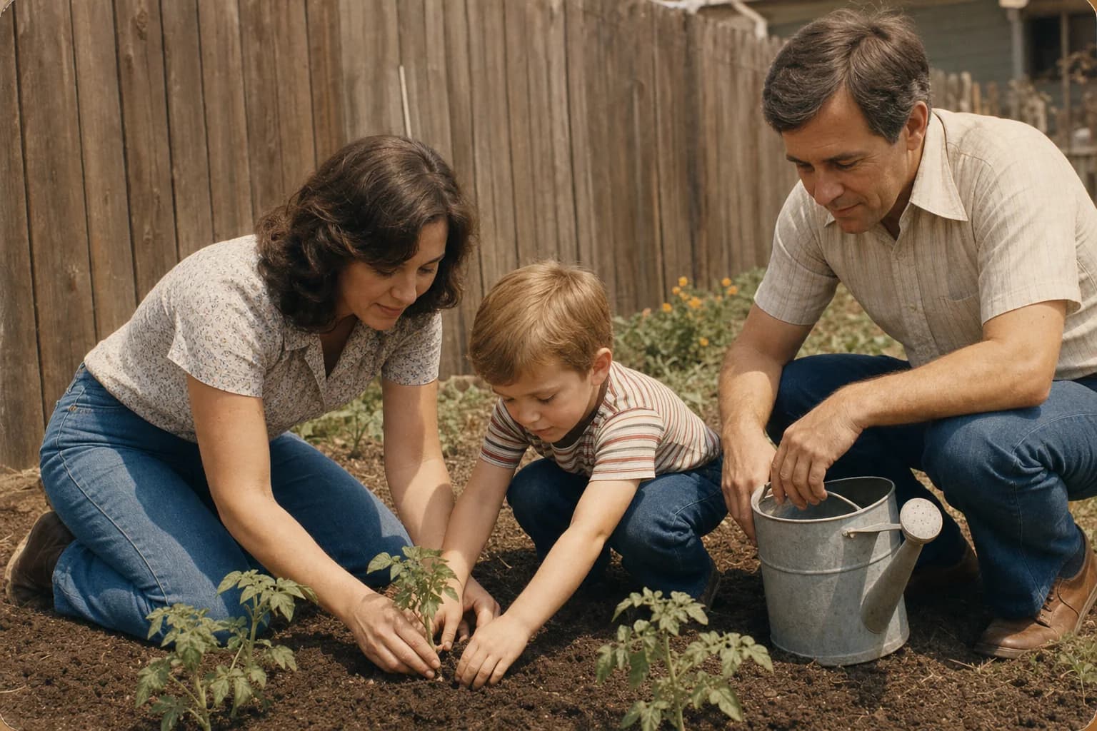 Marian and Thomas gardening with Arthur and Evelyn in 1979.