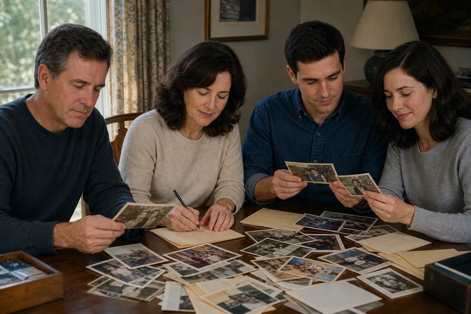 Evelyn, Marian, and Claire sorting family photographs at a dining table in 1996.
