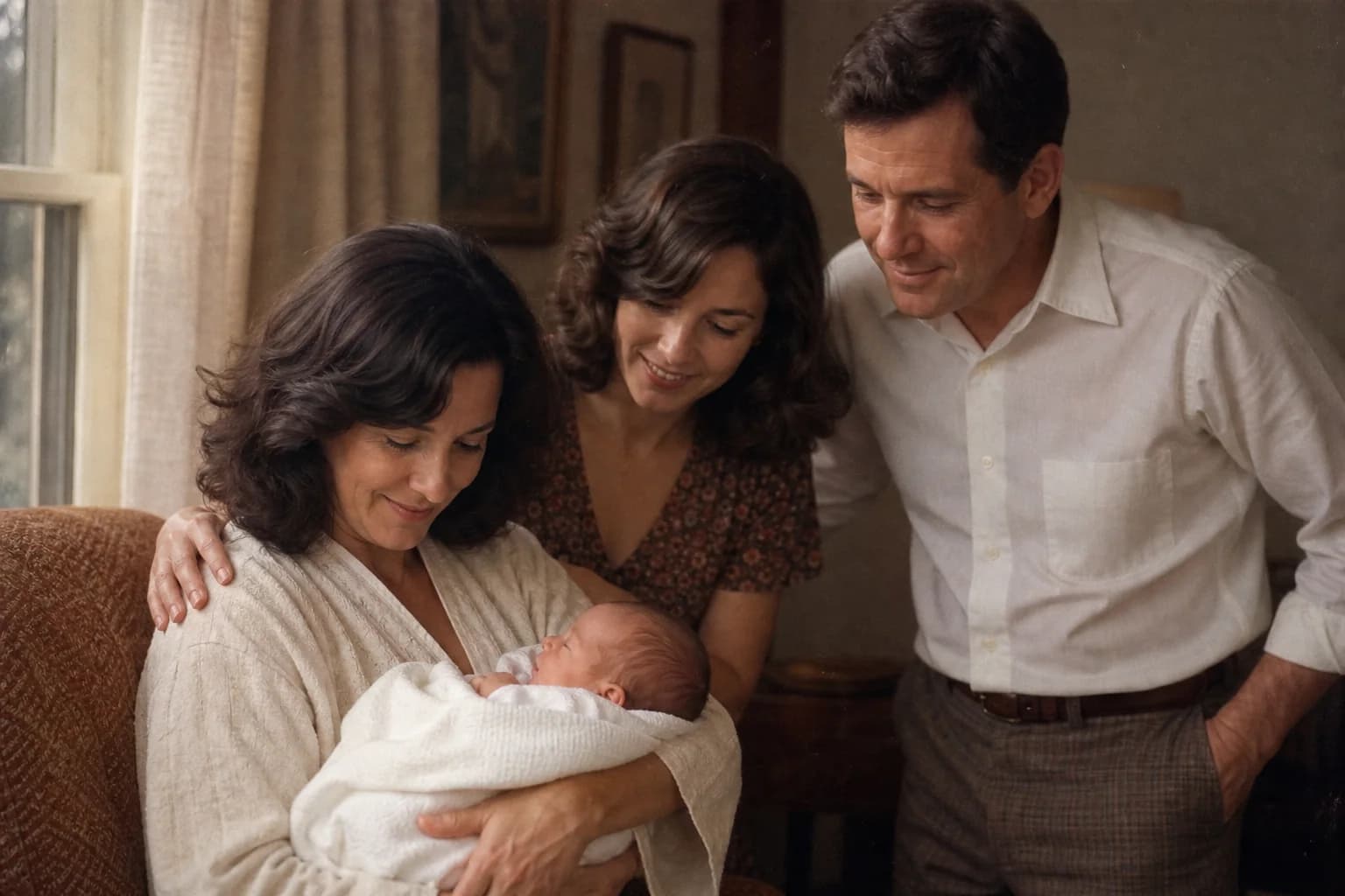 Evelyn holding newborn Claire beside James and Marian in 1970.