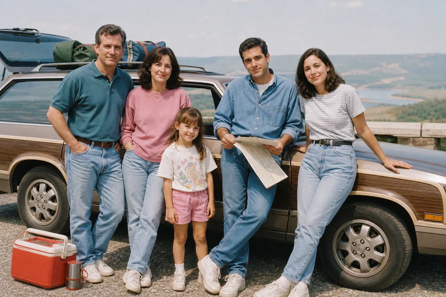The Bennett family standing beside a station wagon during a 1993 road trip.