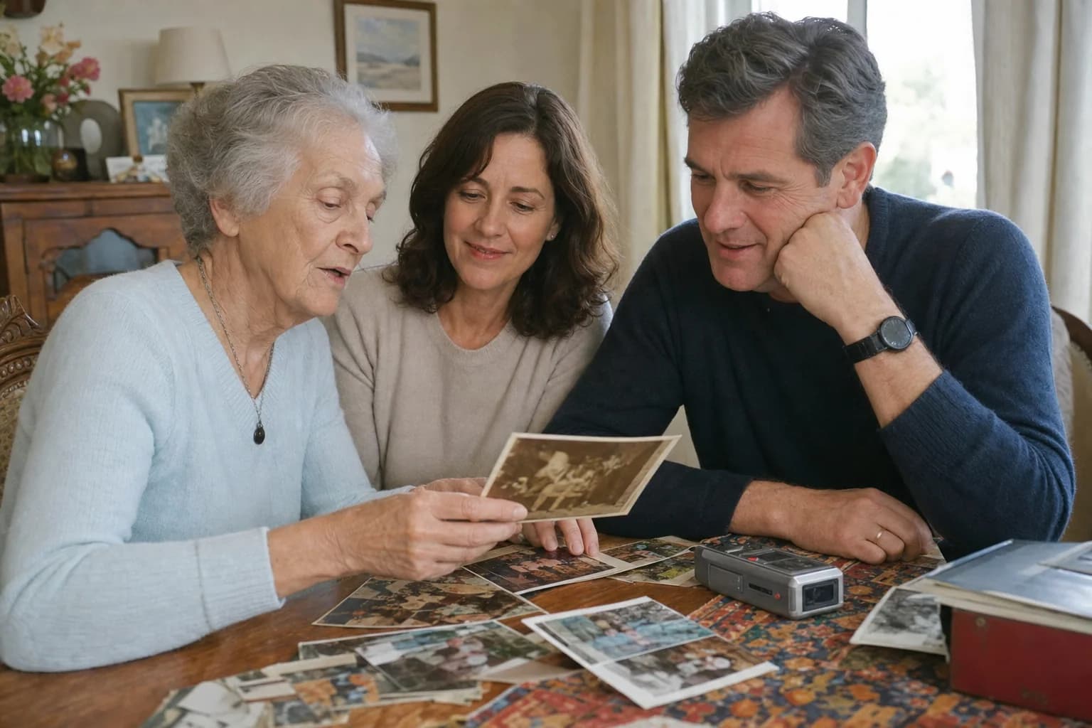 Evelyn, Claire, and Thomas looking through photographs beside an audio recorder in 2008.