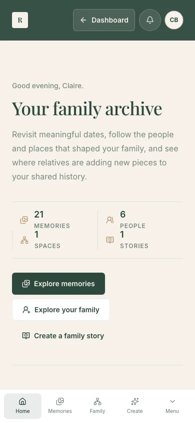 The authenticated Revisited Archive home showing Bennett family anniversaries, memories, stories, and history trails.