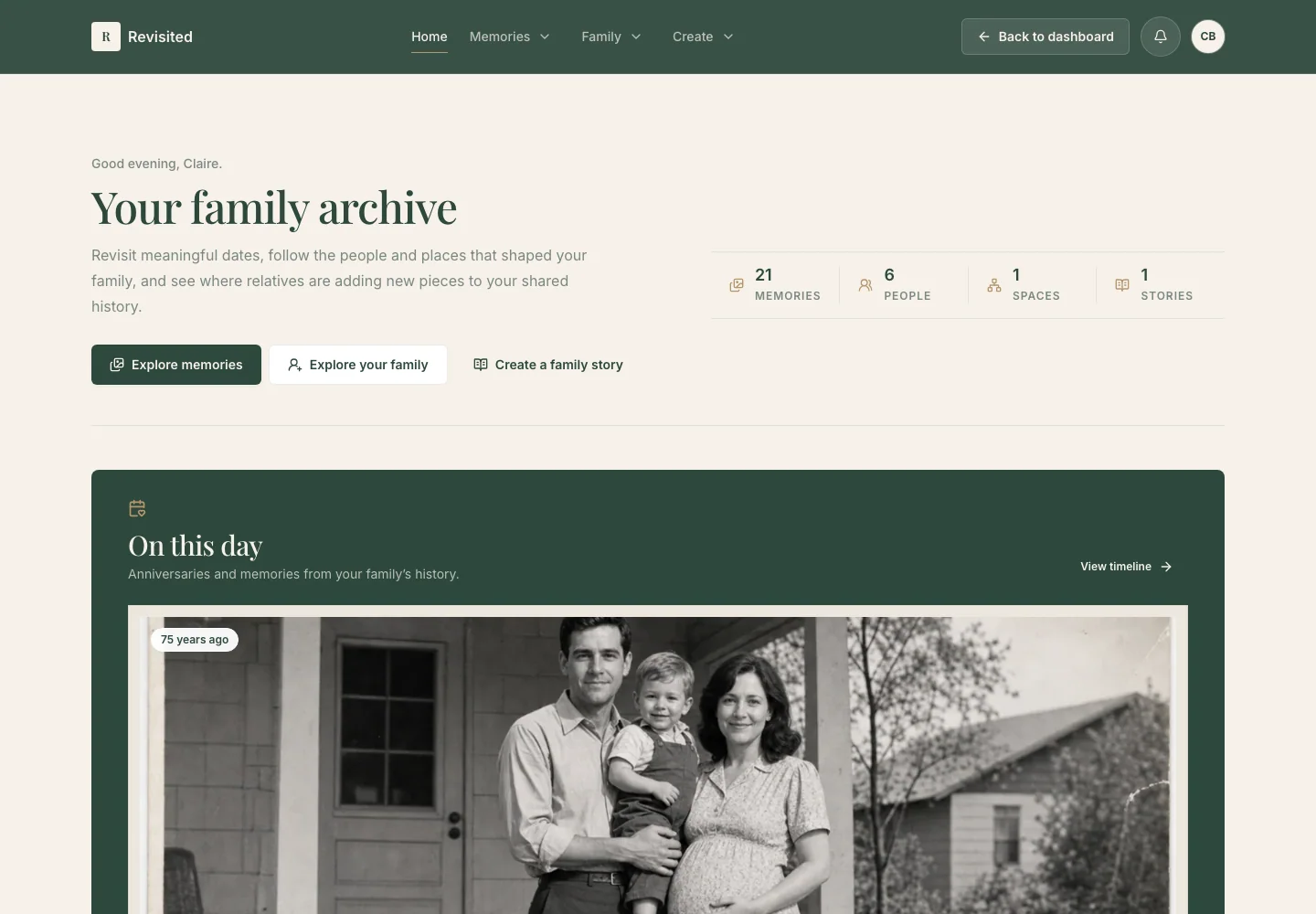 The authenticated Revisited Archive home showing Bennett family anniversaries, memories, stories, and history trails.
