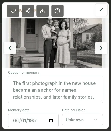 The authenticated Revisited photograph viewer showing a preserved Bennett family photograph with its people, date, event, and place context.