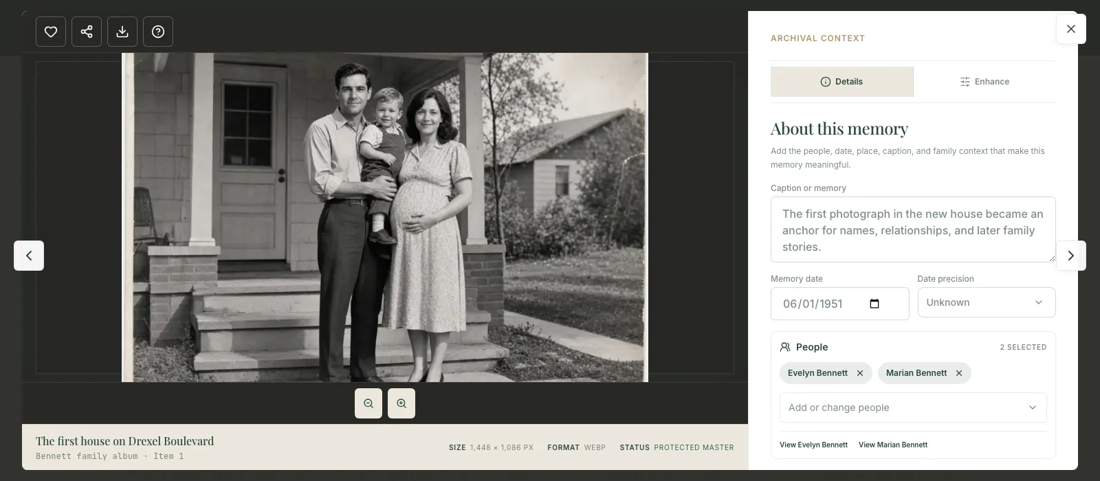 The authenticated Revisited photograph viewer showing a preserved Bennett family photograph with its people, date, event, and place context.